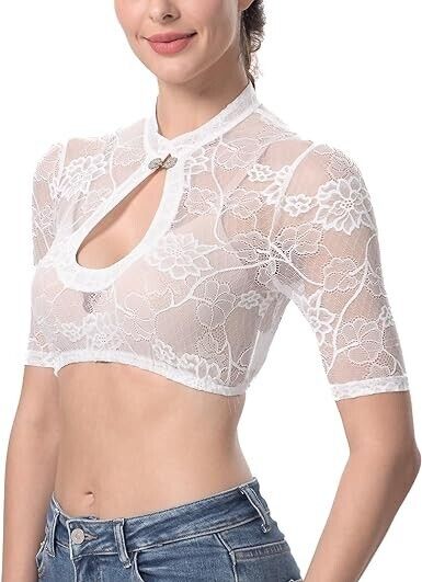 Dirndlparty Dirndl Bluse Halbarm Weiß, Mandarinkragen Gr. 34-46