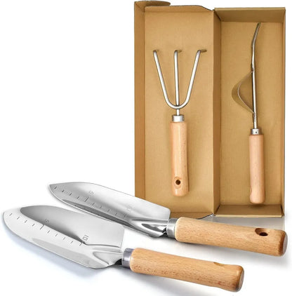 Edelstahl Gartengeräte mit Holzgriff - 4 Stück Garten Werkzeuge Set