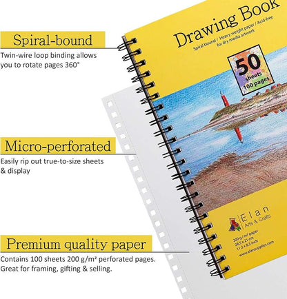 Elan Zeichenbuch A4, 50 Blatt 200gsm Glattes Papier, Drawing Book A4 2er Pack