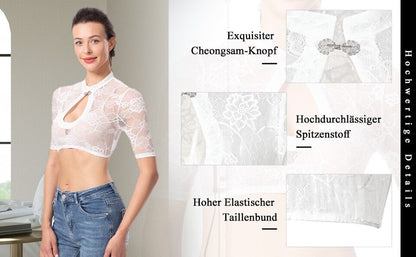 Dirndlparty Dirndl Bluse Halbarm Weiß, Mandarinkragen Gr. 34-46