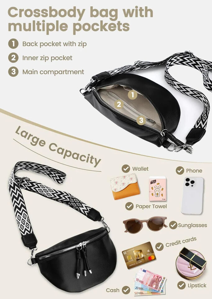 Ferlord Umhängetasche Damen Leder, Gürteltasche Damen stylische Crossbody Bag Damen mit 3 Fächern