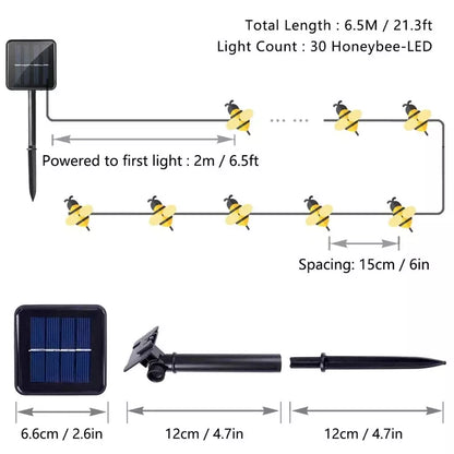 Honigbienen-Lichterkette, 6,5 m, solarbetriebene Außenbeleuchtung mit 30 LEDs