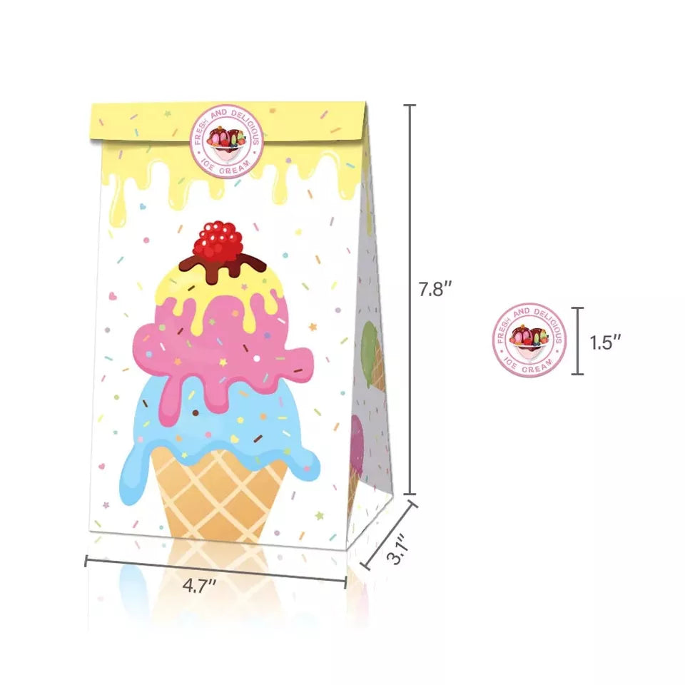 Süßigkeitentüten mit Aufklebern, 12 Stück Eistüten, Eiscreme, Geburtstagsparty